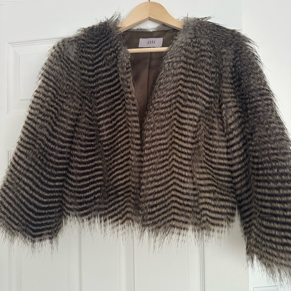 Chic Striped Faux Fur Ibana Teddy Jacket - Brown size S